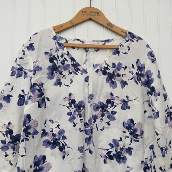 J Jill Floral Tunic Top Size MP White Purple V Neck Half Sleeve Button Cuff - Picture 6 of 10